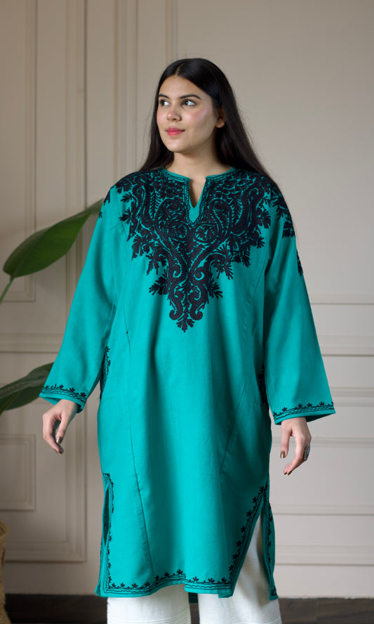 Sea Green Black Bloom Aari Embroidered Fine Cashmilon Pheran