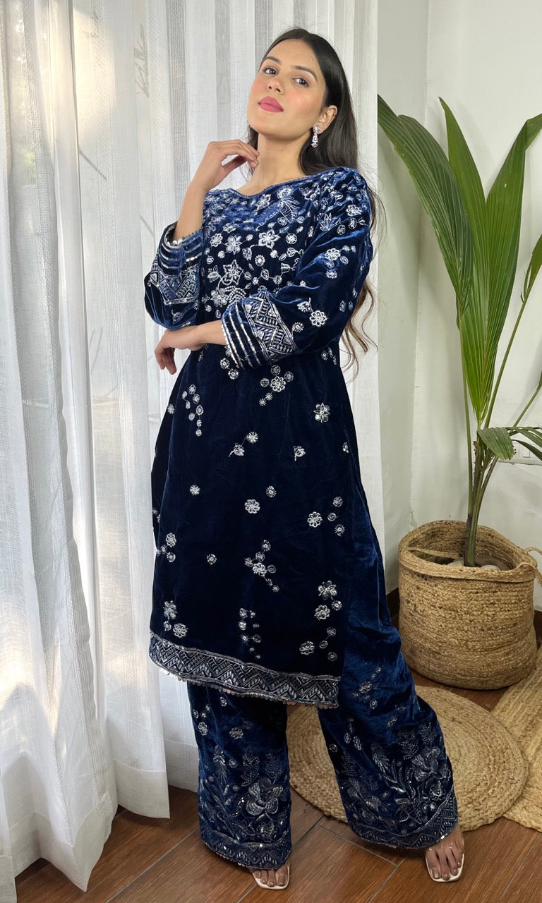 Deep Blue Velvet Suit with Flowing Dupatta