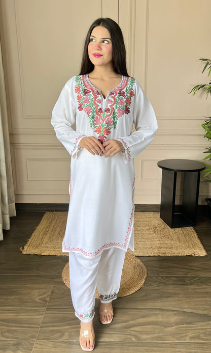 White Cotton Co-ord Set with Delicate Floral Aari Embroidery