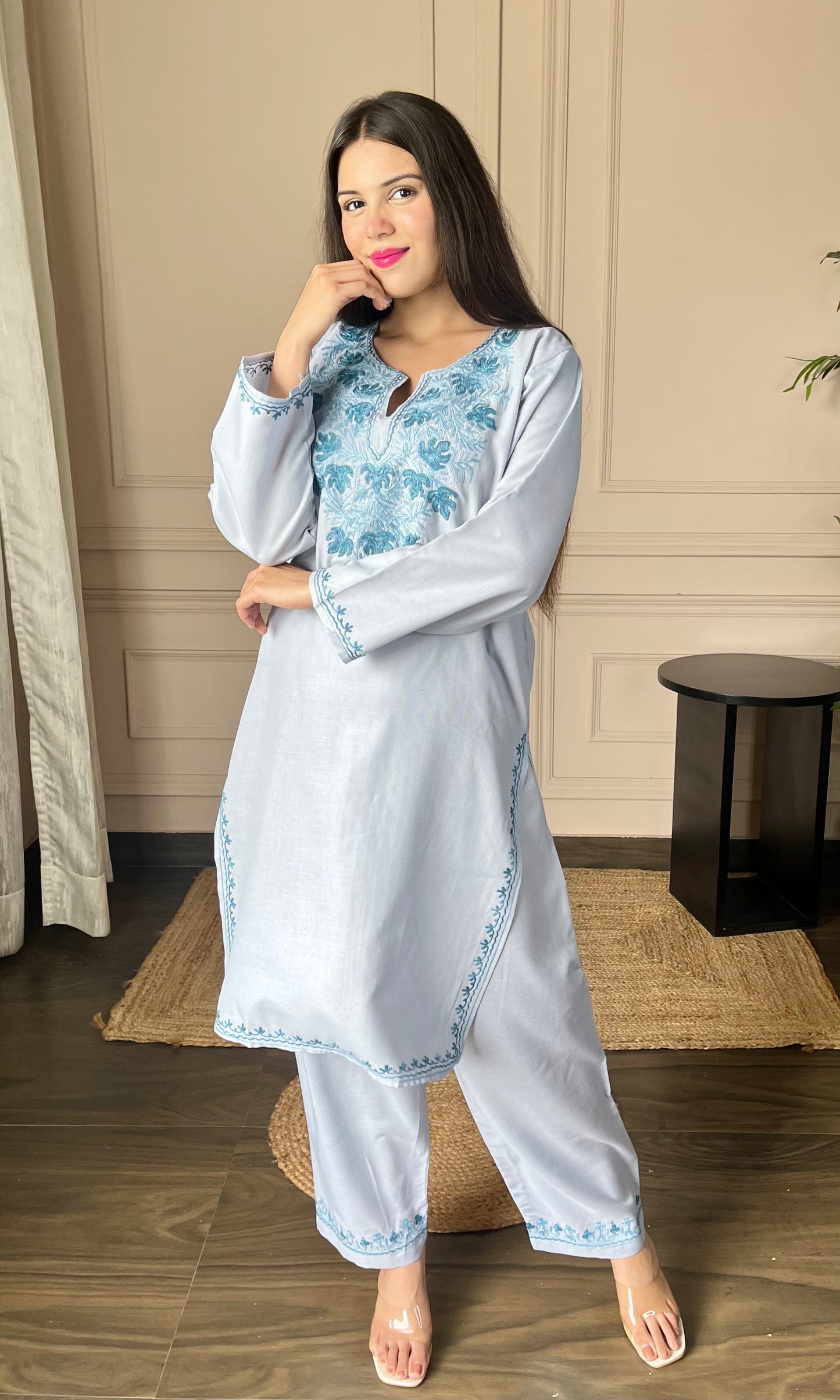 Blue Bliss Aari Embroidered Grey Cotton Co-ord Set