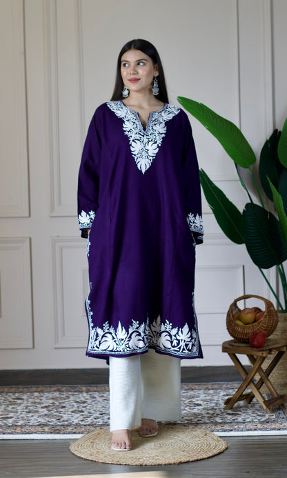 Navy Blue Cashmilon Pheran with White Aari Embroidery