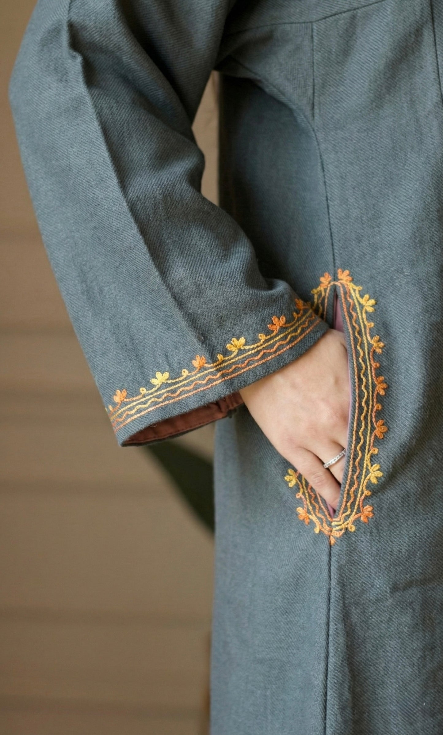 Ash Saffron Bloom Aari Embroidered Fine Cashmilon Pheran