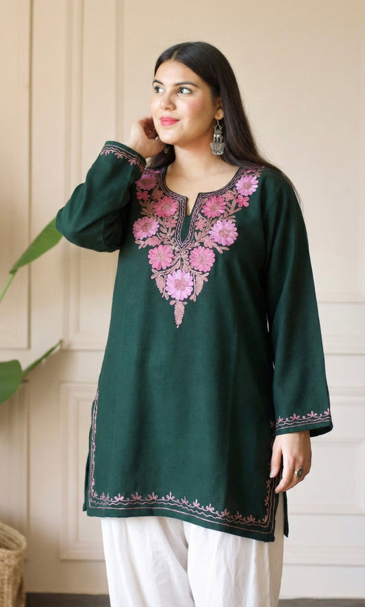 Blush Glow Green Kashmiri Aari Embroidered Fine Cashmilon Short Kurti