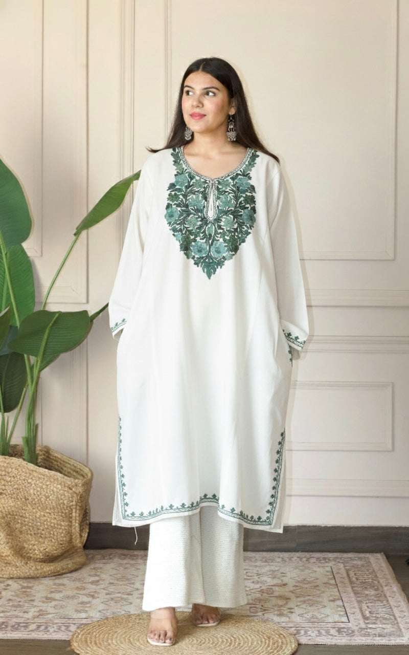 White Mint Aari Embroidered Fine Cashmilon Pheran