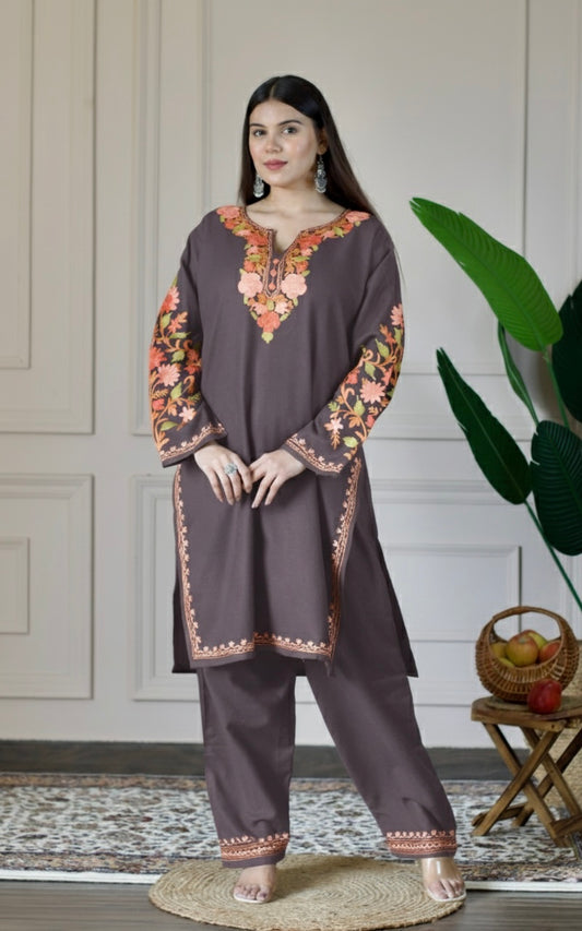 Muted Aubergine Kashmiri Aari Woollen Co-ord Set - Saffron Glow