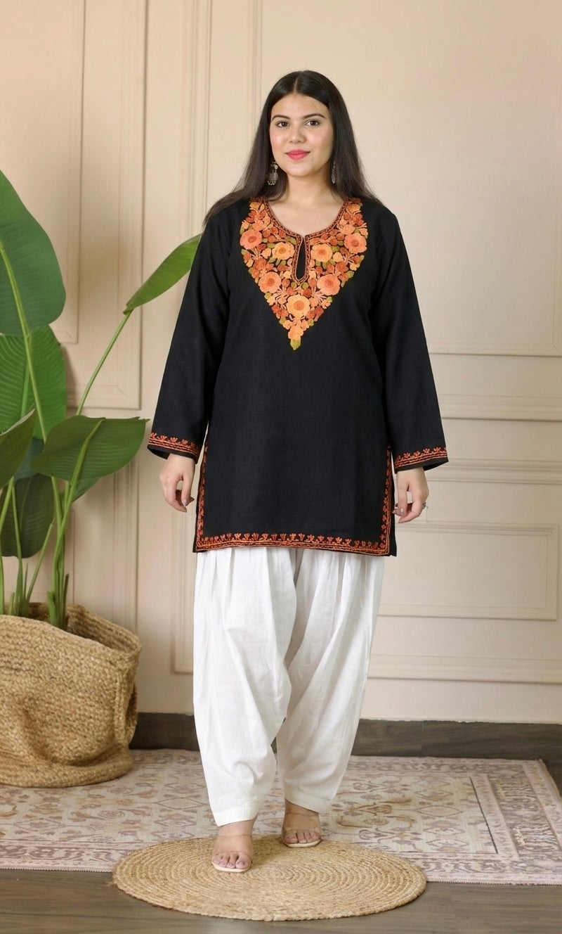 Saffron Glow Black Kashmiri Aari Embroidered Fine Cashmilon Short Kurti