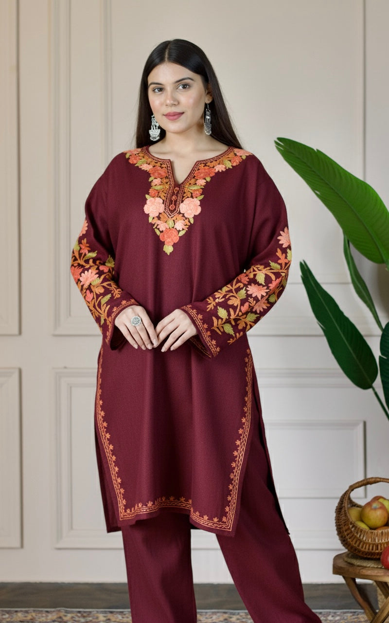 Deep Wine Kashmiri Aari Woollen Co-ord Set - Saffron Glow