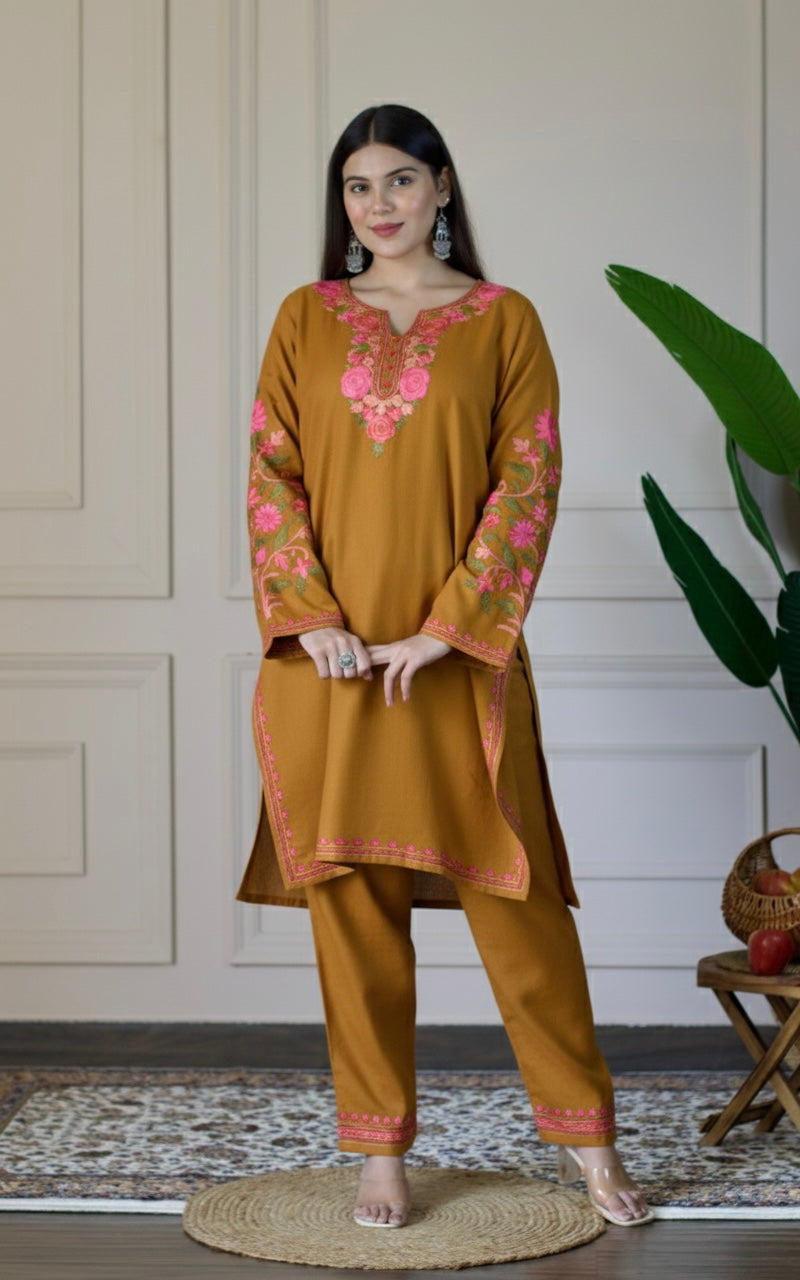 Mustard Kashmiri Aari Woollen Co-ord Set - Blush Bloom
