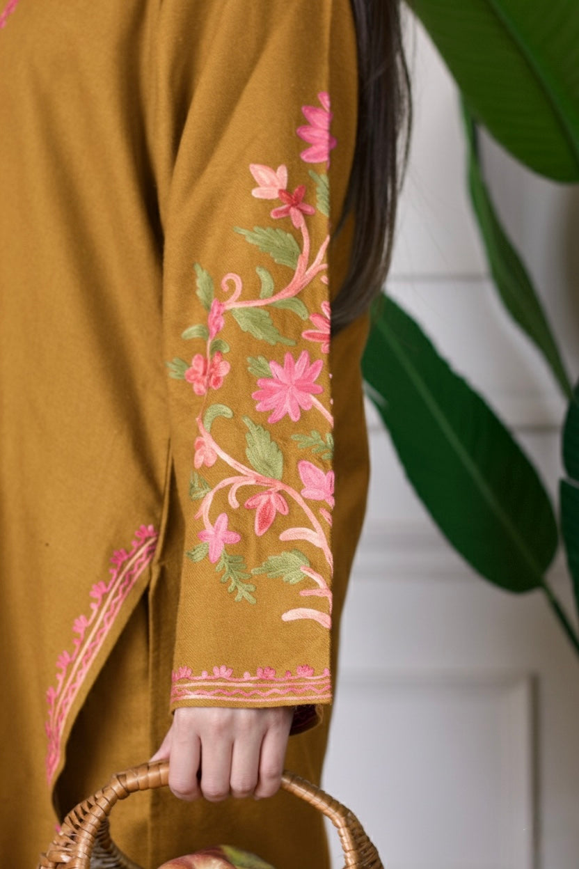 Mustard Kashmiri Aari Woollen Co-ord Set - Blush Bloom