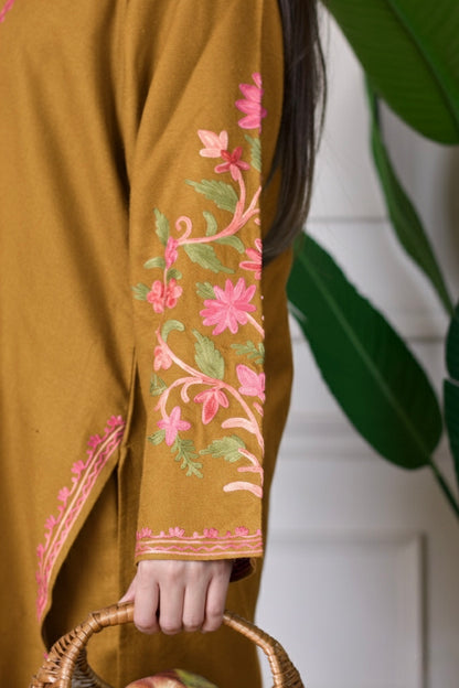 Mustard Kashmiri Aari Woollen Co-ord Set - Blush Bloom