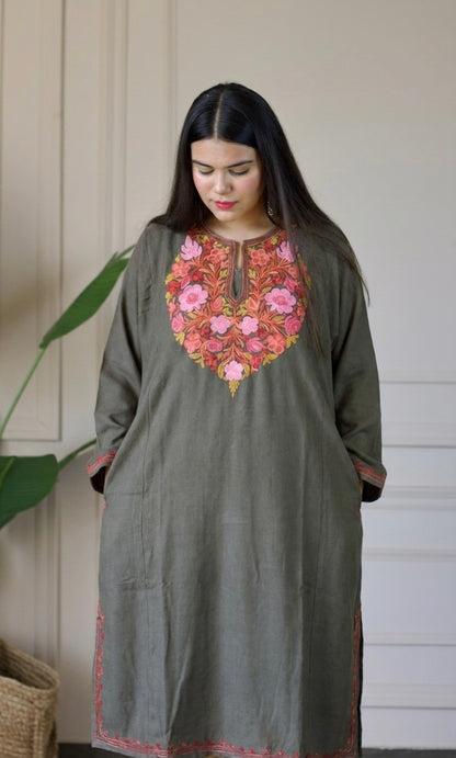 Blush Ember Grey Aari Embroidered Fine Cashmilon Pheran