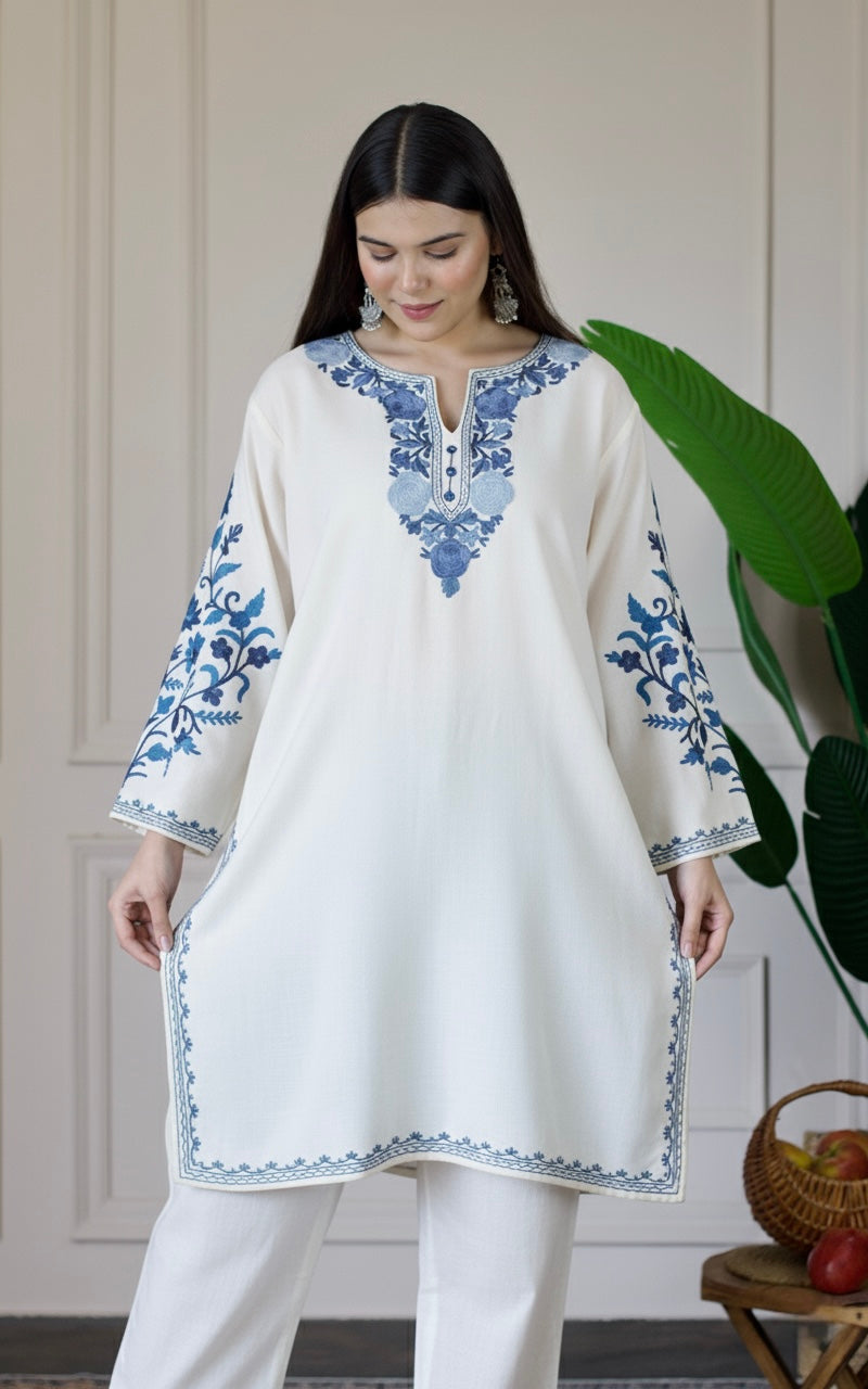 White Kashmiri Aari Woollen Co-ord Set - Midnight Mist