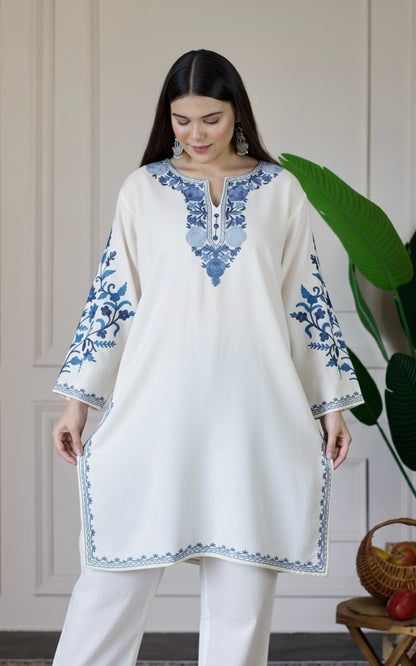 White Kashmiri Aari Woollen Co-ord Set - Midnight Mist