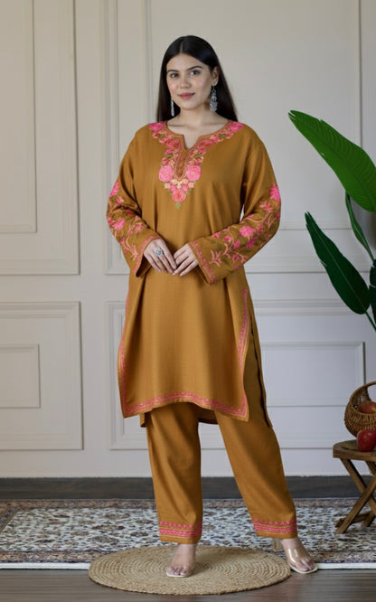 Mustard Kashmiri Aari Woollen Co-ord Set - Blush Bloom