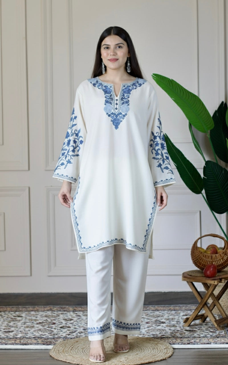 White Kashmiri Aari Woollen Co-ord Set - Midnight Mist