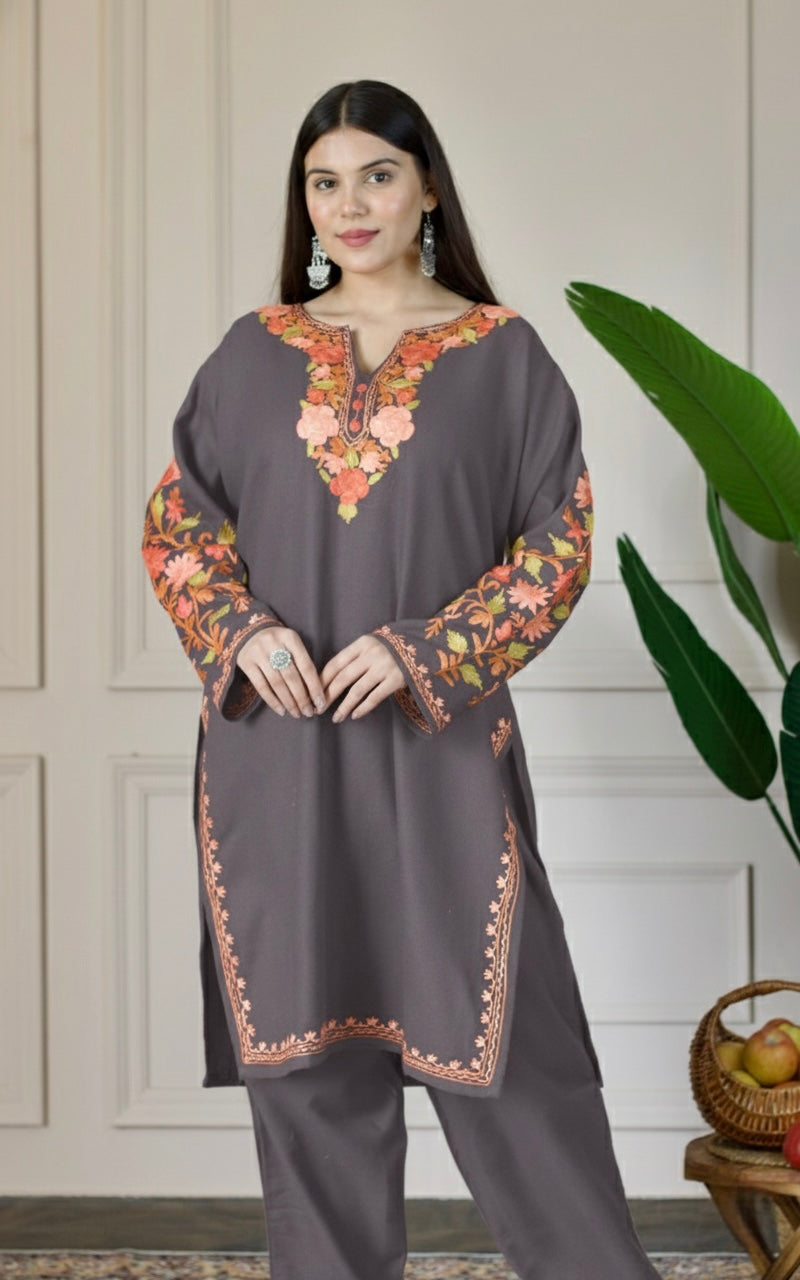 Muted Aubergine Kashmiri Aari Woollen Co-ord Set - Saffron Glow