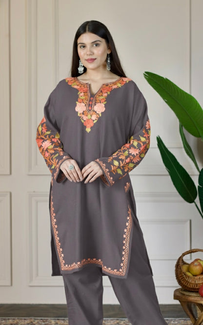 Muted Aubergine Kashmiri Aari Woollen Co-ord Set - Saffron Glow