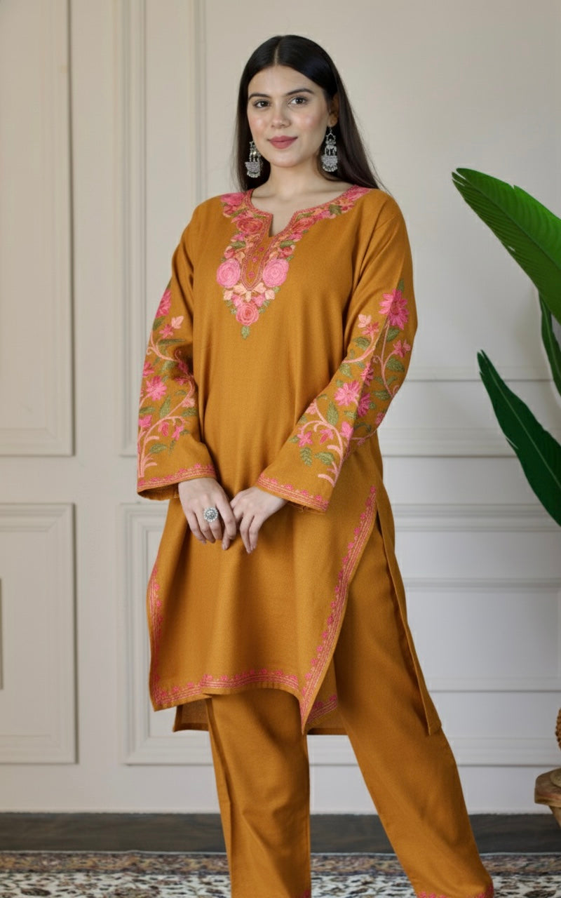 Mustard Kashmiri Aari Woollen Co-ord Set - Blush Bloom