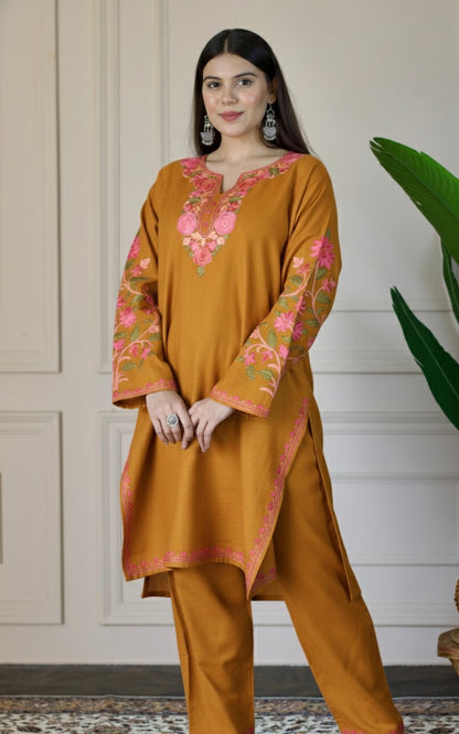 Mustard Kashmiri Aari Woollen Co-ord Set - Blush Bloom