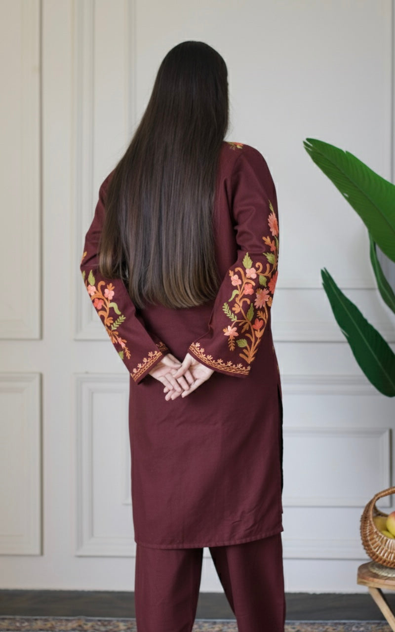 Deep Wine Kashmiri Aari Woollen Co-ord Set - Saffron Glow