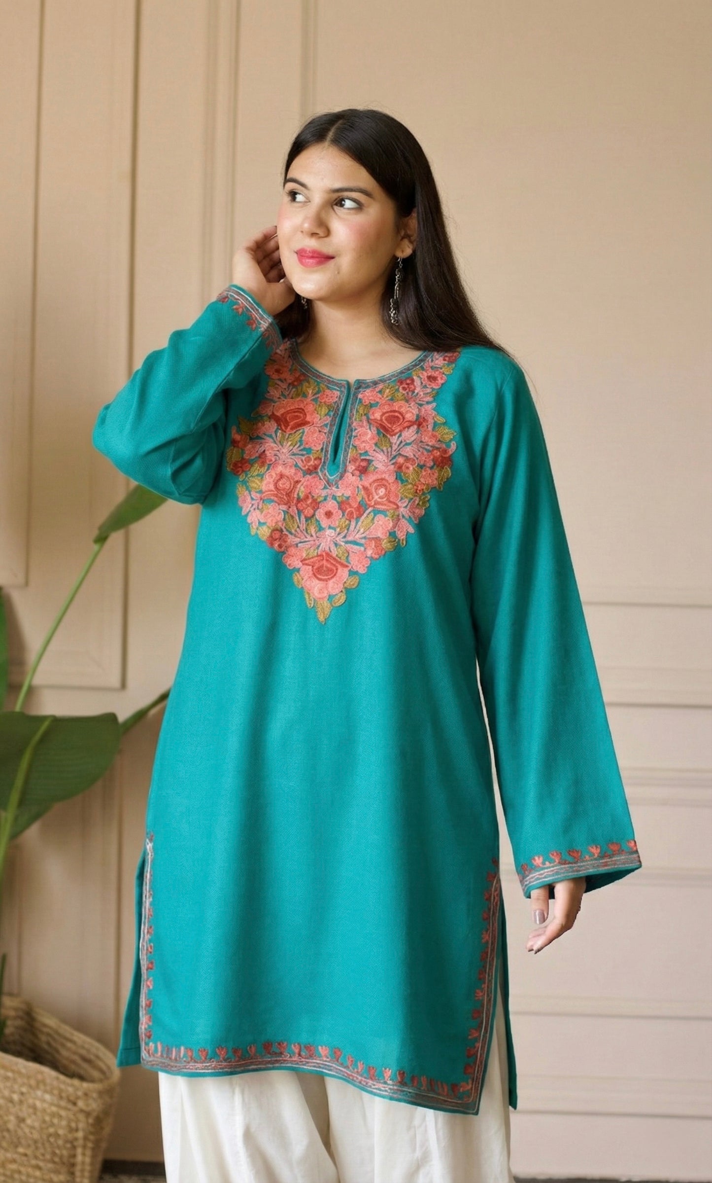 Saffron Glow Sea Green Kashmiri Aari Embroidered Fine Cashmilon Short Kurti