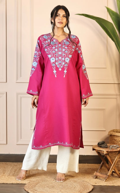 Hot Pink Aari Embroidered Fine Cashmilon Pheran
