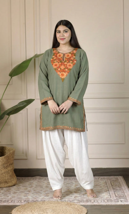 Saffron Glow Sage Kashmiri Aari Embroidered Fine Cashmilon Short Kurti
