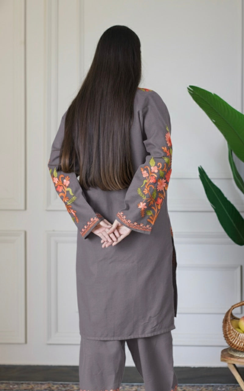 Muted Aubergine Kashmiri Aari Woollen Co-ord Set - Saffron Glow