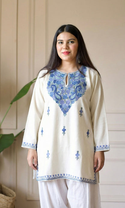 Sky Glow White Kashmiri Aari Embroidered Fine Cashmilon Short Kurti
