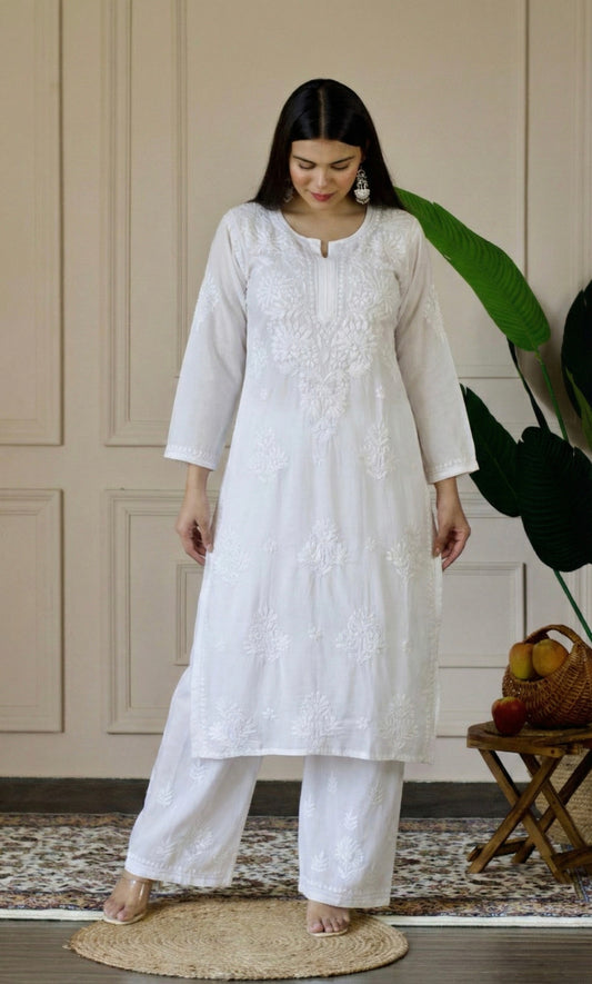 White Handcrafted Chikankari Kurta Set