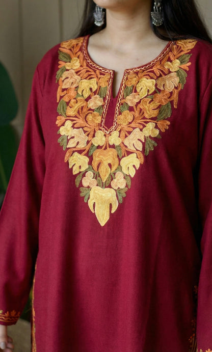 Golden Glow Red Kashmiri Aari Embroidered Fine Cashmilon Short Kurti