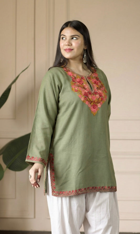 Blush Glow Sage Kashmiri Aari Embroidered Fine Cashmilon Short Kurti
