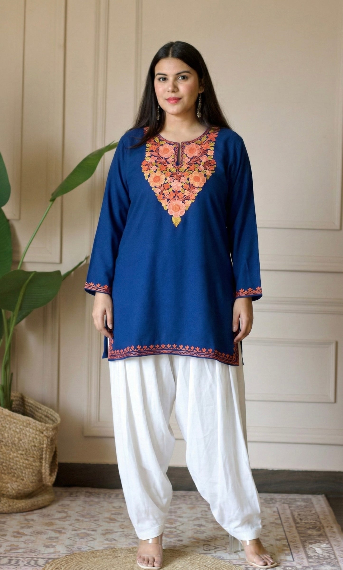 Saffron Glow Blue Kashmiri Aari Embroidered Fine Cashmilon Short Kurti