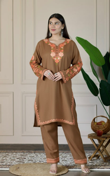 Brown Kashmiri Aari Woollen Co-ord Set - Saffron Glow