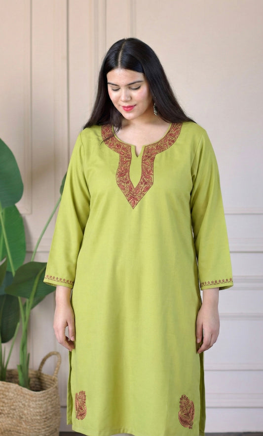 Pistachio Bloom Kashmiri Woollen Sozni Embroidered Kurti