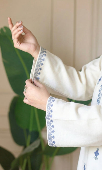 Sky Glow White Kashmiri Aari Embroidered Fine Cashmilon Short Kurti