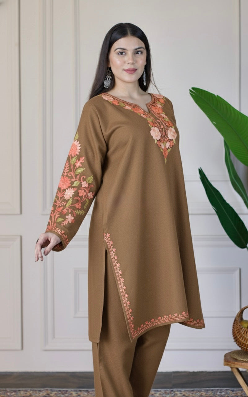 Brown Kashmiri Aari Woollen Co-ord Set - Saffron Glow