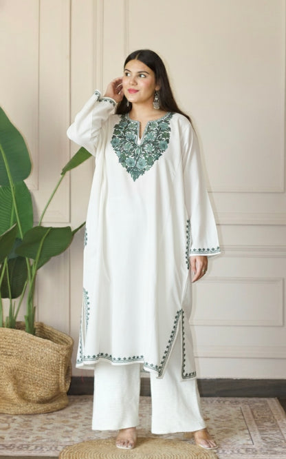 White Mint Aari Embroidered Fine Cashmilon Pheran