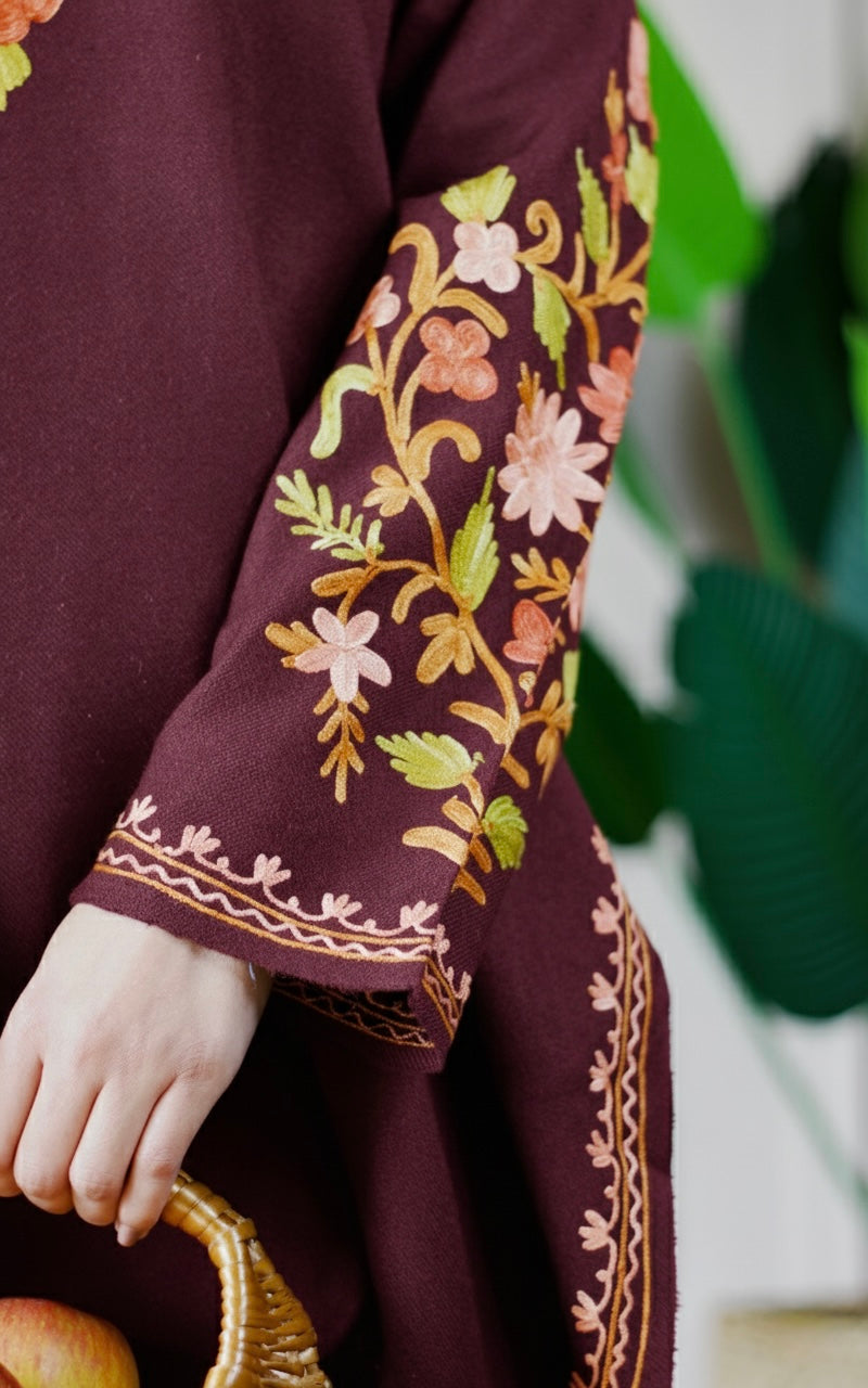 Deep Wine Kashmiri Aari Woollen Co-ord Set - Saffron Glow