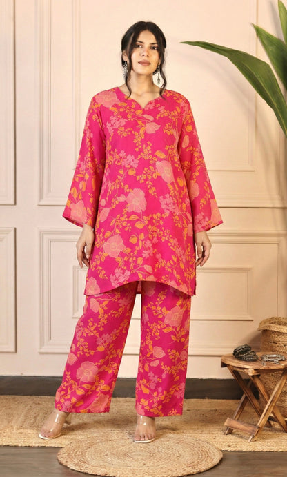 Pink Floral Print Relaxed Fit Co-ord Set with Bell Sleeves