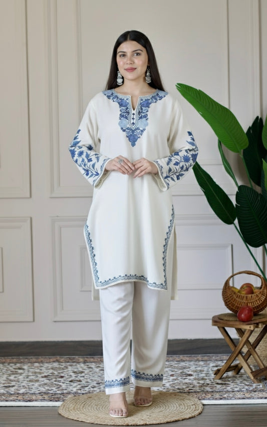 White Kashmiri Aari Woollen Co-ord Set - Midnight Mist