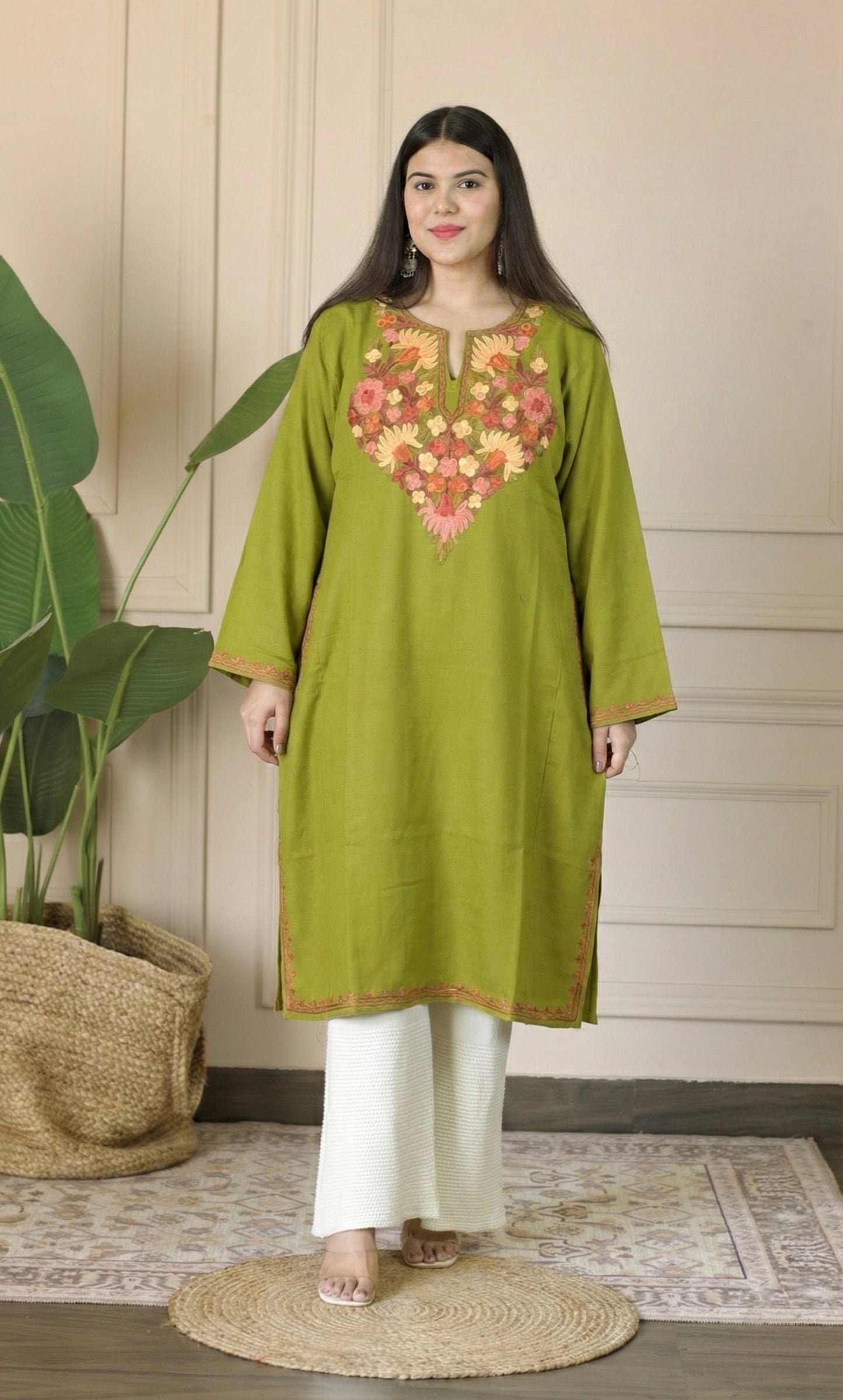 Mehendi Saffron Bloom Aari Embroidered Fine Cashmilon Pheran