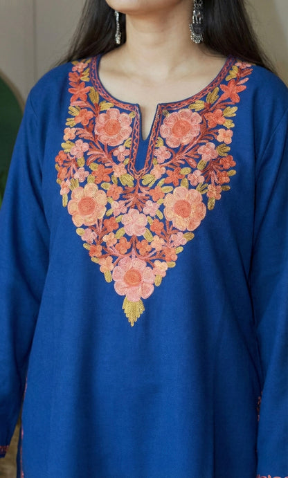 Saffron Glow Blue Kashmiri Aari Embroidered Fine Cashmilon Short Kurti