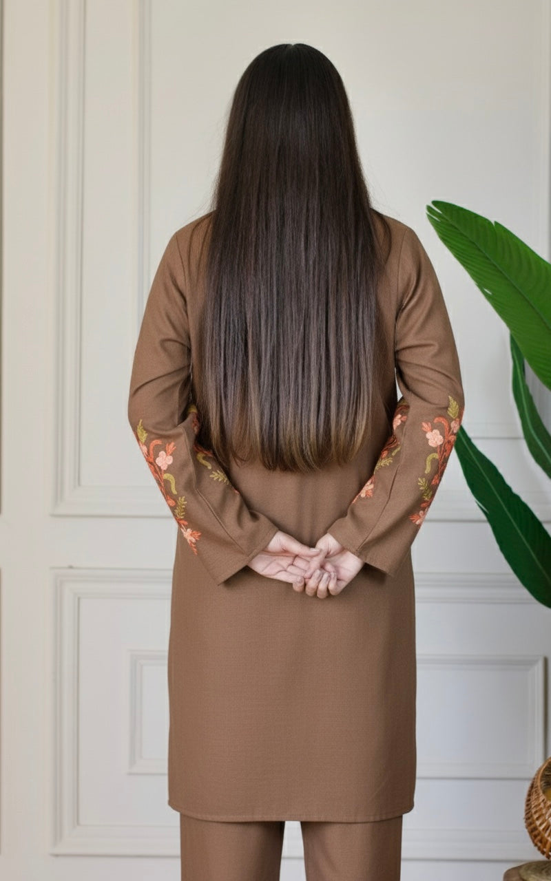 Brown Kashmiri Aari Woollen Co-ord Set - Saffron Glow