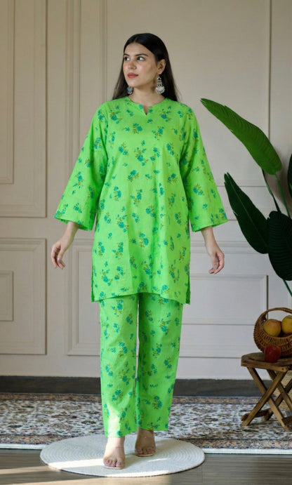 Lime Relaxed Fit Cotton Co-ord Set with Bell Sleeves