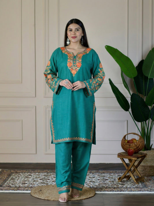 Sea Green Kashmiri Aari Woollen Co-ord Set - Saffron Glow