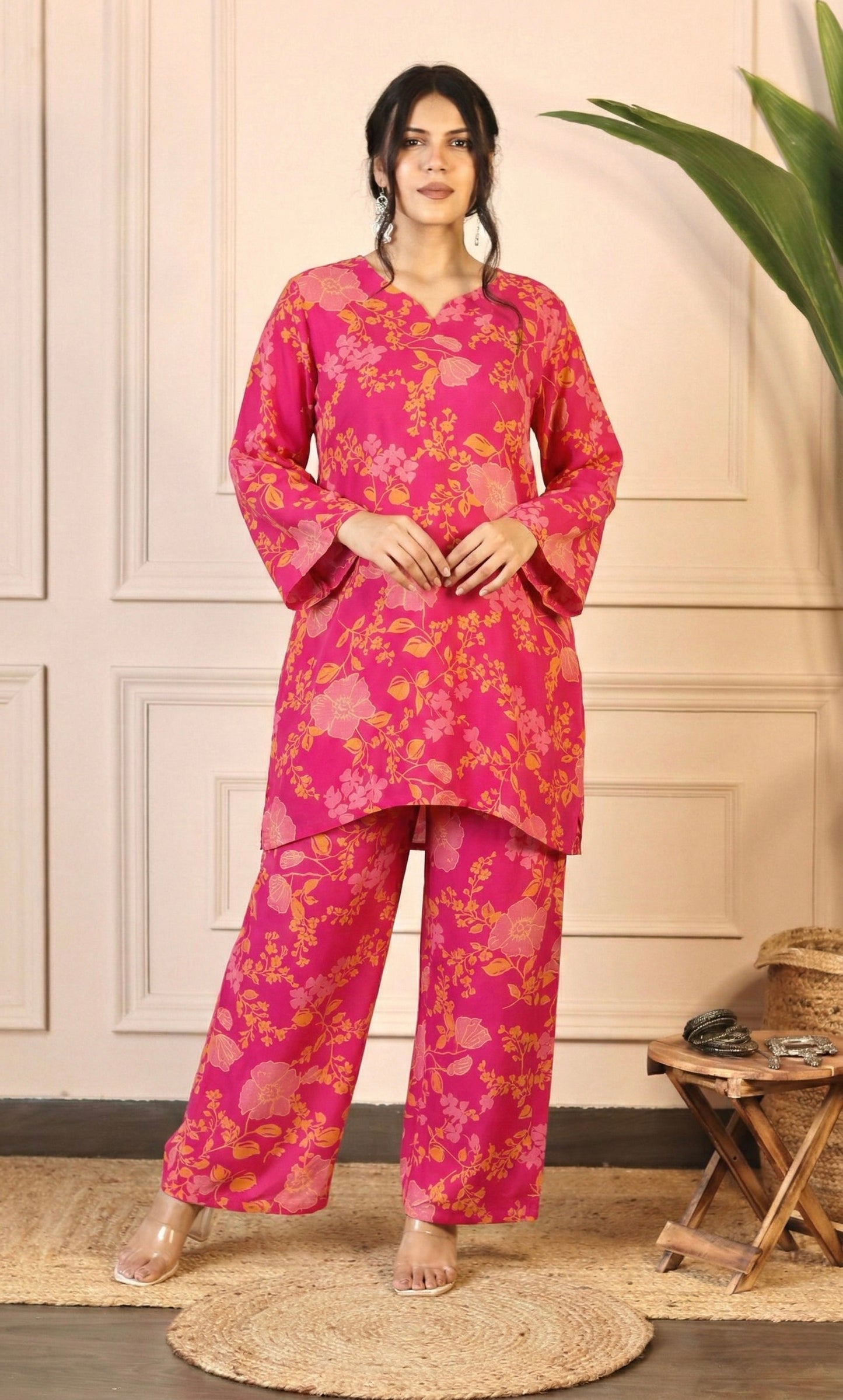 Pink Floral Print Relaxed Fit Co-ord Set with Bell Sleeves