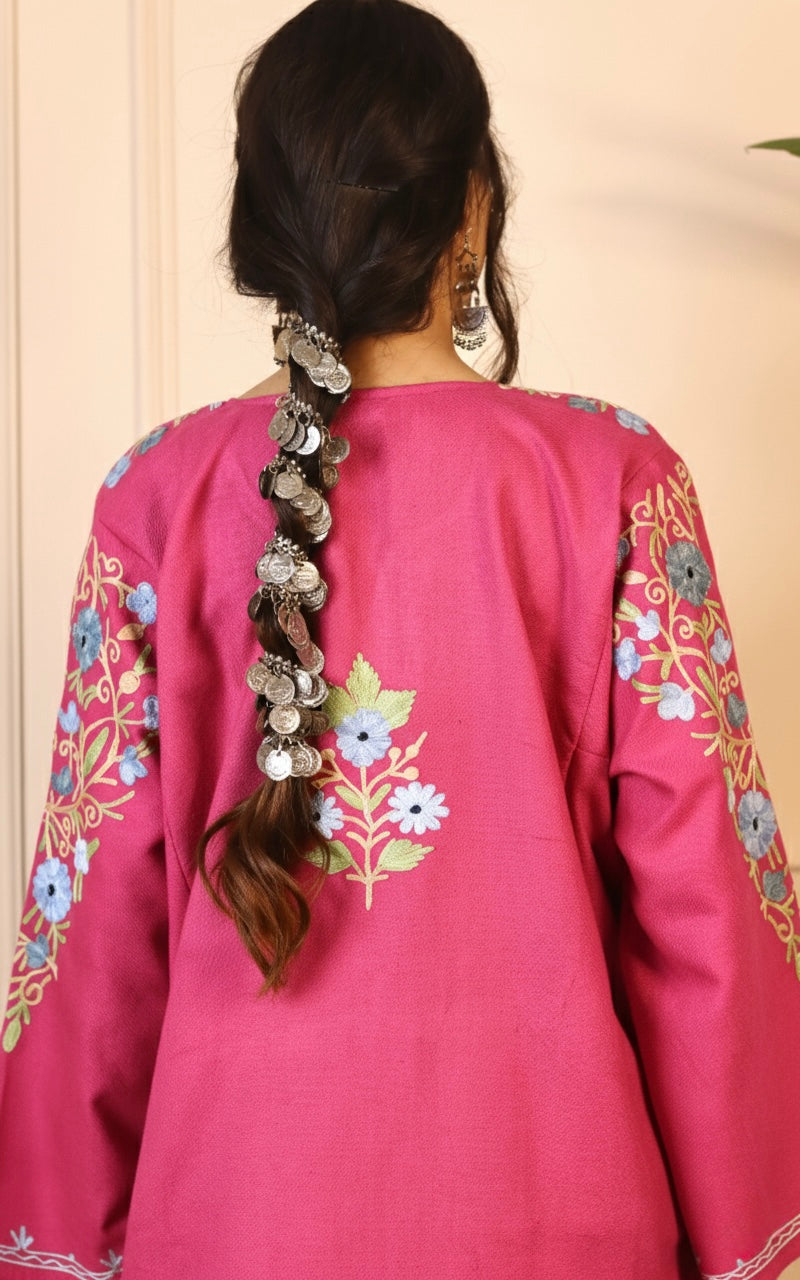 Hot Pink Aari Embroidered Fine Cashmilon Pheran
