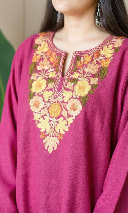 Saffron Glow Pink Kashmiri Aari Embroidered Fine Cashmilon Short Kurti