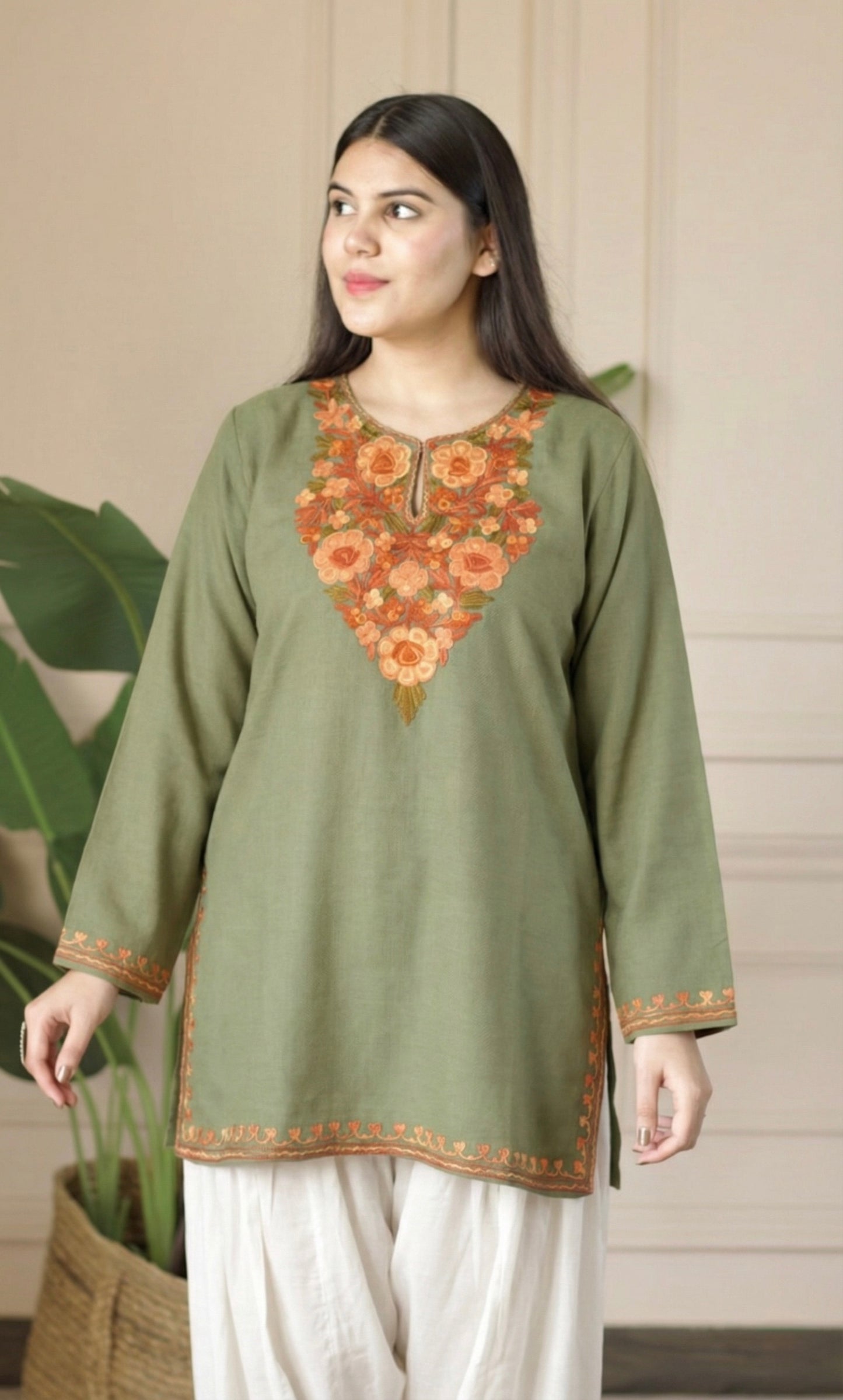 Saffron Glow Sage Kashmiri Aari Embroidered Fine Cashmilon Short Kurti